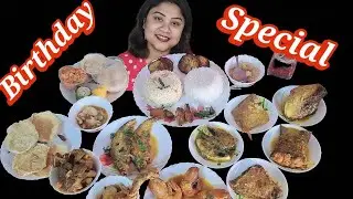 Birthday special lunch thali challenge// Lots of item with fish chicken and mutton eating
