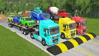 TRANSPORTING PIXAR CARS & FRUITS WITH COLORED & JOHN DEERE vs CLAAS vs TRACTORS - BeamNG.drive #962