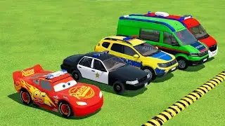 TRANSPORTING DACIA, MCQUEEN CAR, FORD POLICE CAR, AMBULANCE EMERGENCY WITH MAN TRUCKS FS22 #41