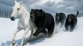 White Arabian Horse Chased by Big Black Bear in the Snowy Grasslands &ndash; Intense Wild Chase