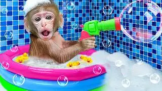 🔴LIVE - Baby monkey Bon Bon bath in the bathtub and playing with the puppy So cute