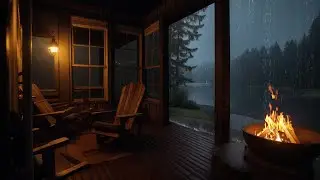 Heavy Rain and Fireplace Sounds for Deep Sleep | Cozy Cabin by The Lake in Dark Forest Night