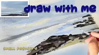 EASY Acrylic Painting of a Beach & Ocean Landscape | Draw With Me | Small Postcard Art