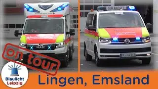 [Grüße] Rettungswagen (RTW) 1 und 2 + Reserve-Notarzt (NEF) DRK Lingen (Ems) auf Einsatzfahrt