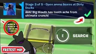 Open AMMO BOXES at DIRTY DOCKS (Fortnite Ammo Box at Dirty Docks) - Big Mouth Quests (stage 3)!