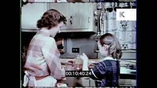 1950s USA, Housewife and Daughter in Kitchen, Canning Food, Americana,16mm