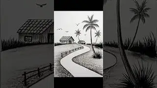 Palm Tree Village Landscape Drawing 🌴 | Relaxing Sketch #shorts