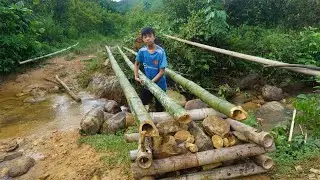 The poor boy alone made a bamboo bridge across the stream. Poor boy building a new life