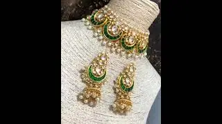 Green Gold toned kundan inspired Chand shape choker set