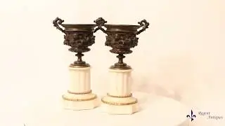 Antique Pair Bronze Ormolu Marble Pedestal Urns