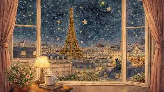 its a rainy night in paris and music is playing in the another room