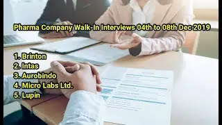 Pharma Company Walk-in Interviews 04th to 8th Dec, 2019