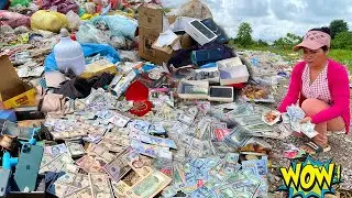 Great Lucky Girl Found A lot Money $ and good thing at Trash Place - treasure found at landfill