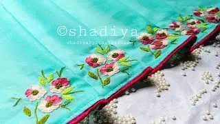 Hand embroidery buttonhole stitch flower on saree border|organdy saree embroidery|handwork saree