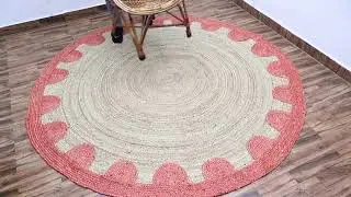 Handmade Round Jute Rug with Scalloped Orange Border Bohemian Farmhouse Area Carpet for  Room #flyxo