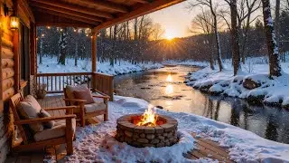 Cozy Riverside Winter Cabin ❄️ Sunrise Fire Pit, Falling Snow & Peaceful River Ambience
