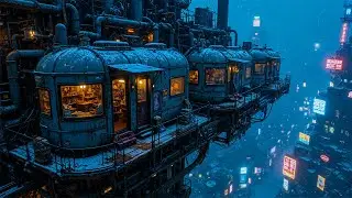 Cyberpunk Industrial Sky Apartments | Snowy Night, Neon City Glow & Futuristic Atmosphere | 4K