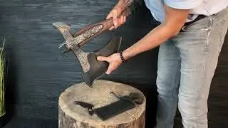 kratos-black-6(L) - Premium Leather Sheath - Real Leviathan axe with Glow-in-the-Dar Runes