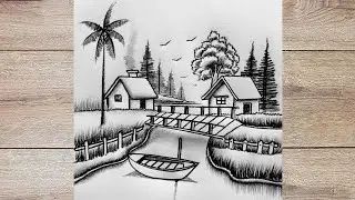 Sketching amazing water lake scenery | Water lake scenery drawing tutorials
