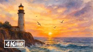 4K Watercolor Lighthouse Scenery – Serene Coastal Sunset | Ambient TV Art for Relaxation & Decor