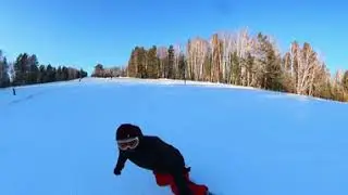 Спуск с горы на базе Сюгеш в Хакасии на сноуборде. Видео 360