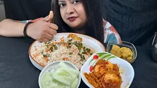 INDIAN FOOD CHALLENGE, MIXED VEG FRIED RICE AND EGG CURRY MUKBANG, FULKOPI ALOO CURRY, SALAD ASMR