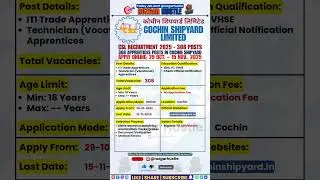 Cochin Shipyard Apprentices Recruitment 2025 &ndash; Apply Online 308 Posts #shorts #job #govtjobs #psujob