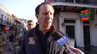 Gov. Jeff Landry arrives in the French Quarter to survey the scene of the Bourbon Street terror a...