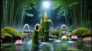 Moonlight Bamboo Fountain 🌕 Peaceful Zen Garden Ambience with Lotus Flowers & Water Sounds for Sleep