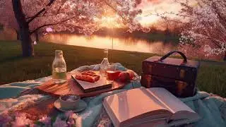 Cherry Blossom Spring Picnic by the River Ambience | Bird, Frogs, Reading ASMR Sounds for Relaxation