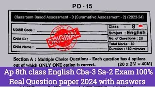 ap 8th class english cba-3 Sa2 question paper 2024 and answers|💯8th Sa2 english question paper 2024