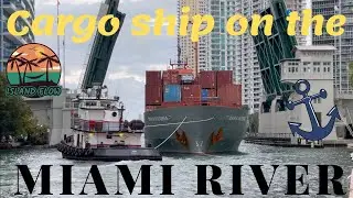 CARGO SHIP SARA REGINA ON THE MIAMI RIVER with tugboats action. // Island Flow