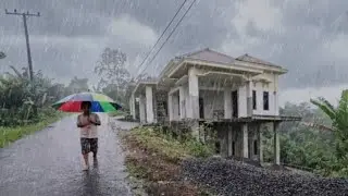 Heavy Rain and Strong Winds | Walk in Village Life Above the Beautiful Mountains | The Sound of Rain