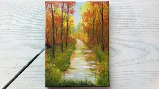 Painting Autumn Trees by the River Stream / Acrylic Fall Painting Idea #paintingasmr