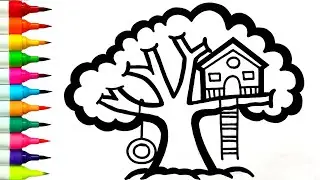 TREE HOUSE Drawing || How To Draw A Tree House Easy Step by Step | Big Tree Drawing House Drawing 🌳🏠