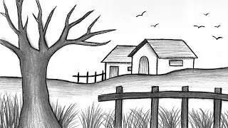 Easy Pencil Landscape Drawing | Village House, Big Tree & Fence (Step by Step)