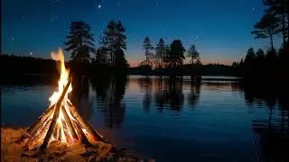 Peaceful Lakeside Campfire Ambience at Night with Soft Fire Crackling Sounds