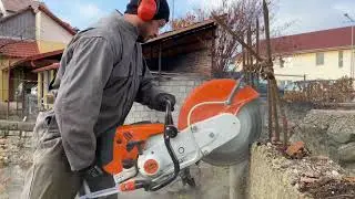 Stihl Ts-800 cutting concrete wall in slow motion. ( Utilaj de debitat Stihl taie zid de beton)