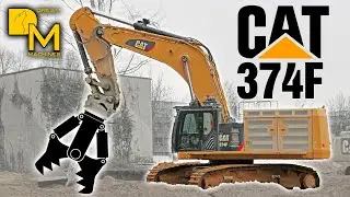 Massive Caterpillar 374F excavator pure power of huge demolition machine polverizing old foundations