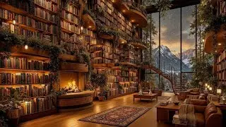 Peaceful Winter Jazz Soundscape ❄️ Glass Library Interior, Fireplace Warmth, Snowfall Serenity Mood