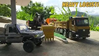 HUINA 1536 RC Truck Transporting Heavy Pipes & HUINA 1592 RC Excavator Deployment