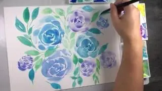 Water-colour floral tutorial - roses background in blue and green theme