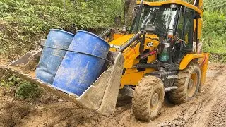 Carrying Diesel on Narrow and Damaged Hilly Road-JCB Backhoe Leveling Hilly Road
