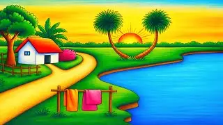 How to Draw a Beautiful Village Scenery with River & Sunrise | Easy Step by Step Landscape Drawing