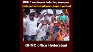 GHMC employees including sweepers and contract employees stage a protest at GHMC office, on Thursday