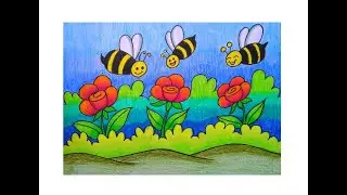HOW TO DRAW HONEY BEE DRAWING | HONEY BEE AND ROSE SCENERY DRAWING | MADHMASHI DRAWING |