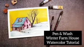 Pen and Wash Watercolor | Winter Farm House Landscape Tutorial for Beginners