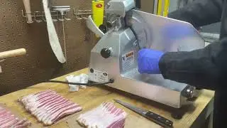 Slicing and packaging homegrown bacon for the freezer