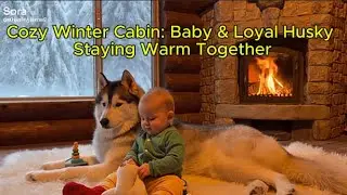Cozy Winter Cabin Baby & Loyal Husky Staying Warm Together