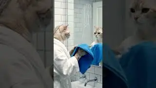 Wiping mirror, cat nearly reveals its playful side in cozy bathroom scene